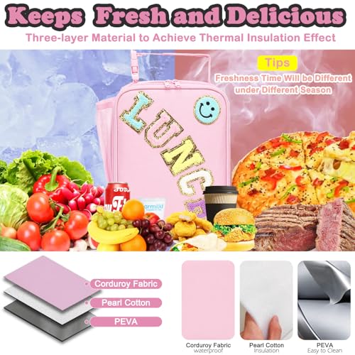 FlowFly Lunch box Insulated Soft Bag Mini Cooler Back to School Thermal Meal Tote Kit With Buckle and Mesh Side Pocket for Girls, Boys, PinkWithLetter - color: PinkWithLetter