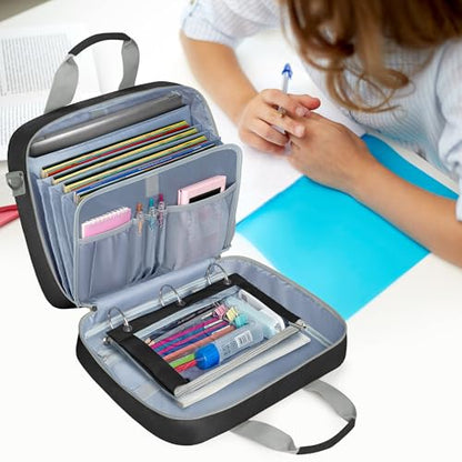 YARWO 2026 Upgraded Zipper Binder 3 Ring Binder Bag with Pencil Pouch | 500 Sheets Capacity, 5-Tab Expanding File Folder, 14” Laptop Padded Sleeve, Shoulder Strap, for College, Office, Home, Black - color: Black