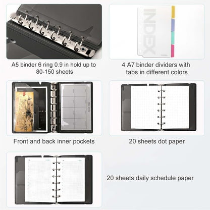 CAGIE A5 Binder 6 Ring Notebook with Dividers Refillable Planner Binder with Pockets, Refill Paper Include Planning Square Ruled and Dotted Pages, 6.89 x 9.25 In, (Grey, A5 Daily&Dot Page) - color: Grey