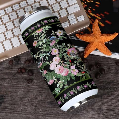 Spring Flower 14oz Stainless Steel Tumbler with Lid & Straw-Double Wall Vacuum Insulated Travel Mug Birds Flower Ethnic Pastoral Black Water Bottle Coffee Beverage Drinks Cup - size: 14 Ounces
