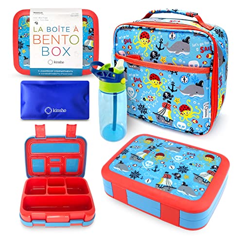 Bento Box with Insulated Lunch Bag, Ice Pack & Water Bottle Set for Kids - 5 Compartments Removable Tray Lunches or Snack Container Boys Toddlers Daycare Pre-School, Blue Pirates - color: Blue Pirate Set