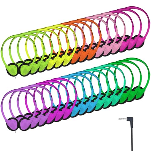 20 Pack Headphones for Kids Students School Classroom | Adjustable, 3.5mm Jack, Multi Color, Bulk Earphones for Library Children Adults