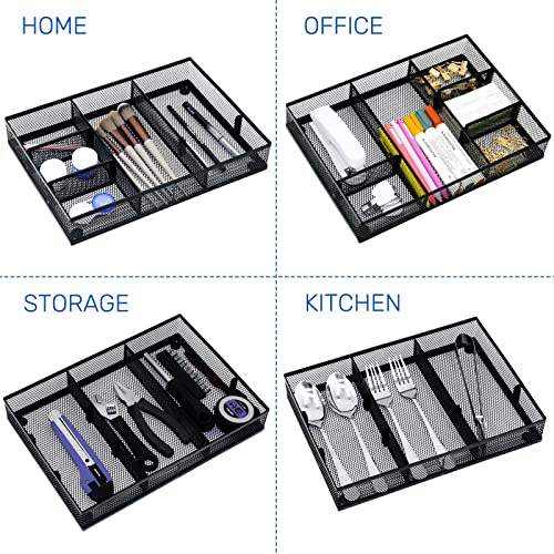 Neudeco Desk Drawer Organizer, 4 Pack Metal Mesh, Black | Adjustable Dividers, Stackable, Pen Organizer, Office Supplies Organizer