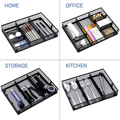 Neudeco Desk Drawer Organizer, 4 Pack Metal Mesh, Black | Adjustable Dividers, Stackable, Pen Organizer, Office Supplies Organizer
