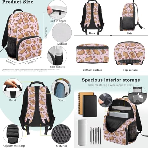 Strawberry Capybara 17 Inch School Bag Set for Boys 4 Pieces Soft Daily Kids Backpack with Lunch Box, Pencil Pouch & Water Bottle Holder for Elementary Ages 6-12 - color: Strawberry Capybara Print
