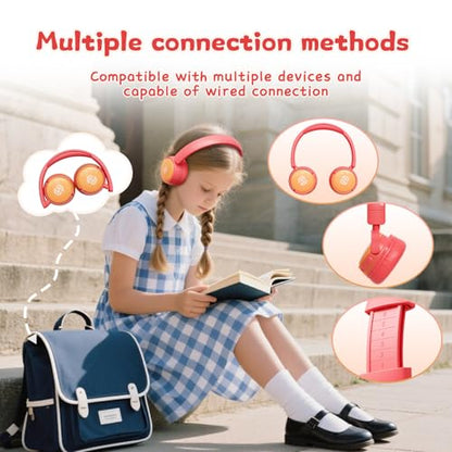 S62 Kids Bluetooth Headphones On Ear, Wireless Headset with Mic & 85/94dB Volume Limiter, Foldable Stereo Headphones for Boys Girls, Safe Learning & Entertainment Headphones for School/Travel - color: Pink&Orange