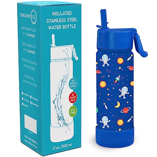 CHILLOUT LIFE 17oz Kids Insulated Stainless Steel Water Bottle with Leak Proof Straw Lid & 144 Stickers - color: Blue Space, style: 17 oz