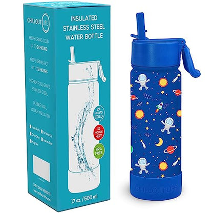 CHILLOUT LIFE 17oz Kids Insulated Stainless Steel Water Bottle with Leak Proof Straw Lid & 144 Stickers - color: Blue Space, style: 17 oz