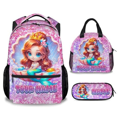 COZYAURA Personalized Mermaid Backpack for Girls with Custom Name - 3-Piece School Bag Set with Insulated Lunch Box & Pencil Case for Kindergarten & Elementary Students - color: Blue
