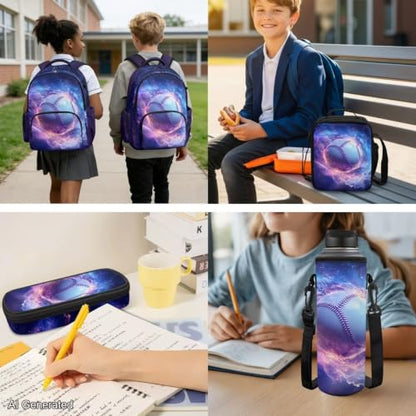 Cool Baseball Backpack for Boys 8-12 Kids Backpack with Lunch Box Water Bottle Holder with Strap and Zipper Pencil Case 4PCS Set Bookbag with Compartments for School 17 inch Elementary - color: Cool Baseball
