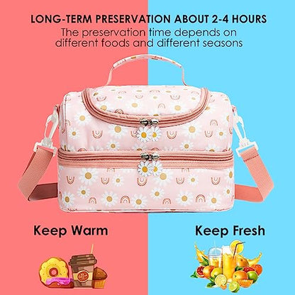 Insulated Kids Dual Compartment Lunch Bags Tote for Girls Boys Toddler Lunch Boxes Pre-School Toddler Kindergarten Elementary Picnic Food Cooler Thermal with Strap (Rainbow Daisies) - color: Rainbow Daisies