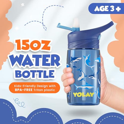 YOLAY 15oz Kids Water Bottle For School Boys and Girls, Durable Toddler Water Bottle with Straw Lid Leak-Proof, Spill Proof, Easy Clean and Dishwasher Safe with Re-Usable and BPA Free - Shark - color: Shark
