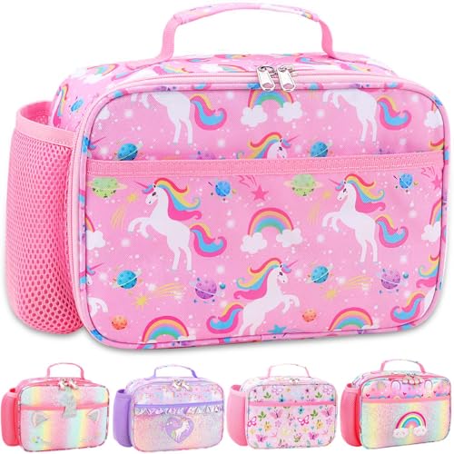 RHCPFOVR Kids Lunch Box for Girls Teens Insulated Lunch Bag Reusable Lunch Tote Kit for School Travel - color: Pink Starry Unicorns