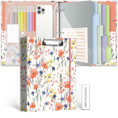 3 Ring 1 Inch Binder Organizer, KLLVE Three Ring Binders with Clipboard, 5-Tabs Pockets Dividers, Plastic Folder, 18 Divider Stikers,Pen Loop (Flora, Letter Size) - color: Flora, size: 1in（Letter Size）