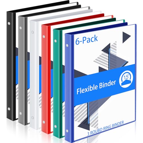 Fulmoon 6 Pack Plastic 3 Ring Binder Assorted Colors Economy Flexible Round Ring Presentation Binders with Pocket for Office School Meeting(1.5 Inch,Classic Colors) - color: Solid, size: 1.5 Inch