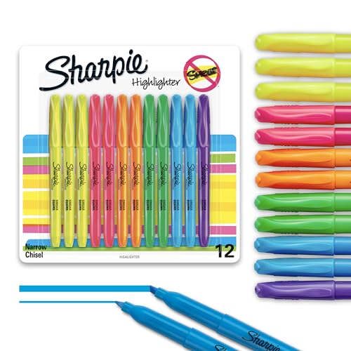 Sharpie Pocket Highlighters, Chisel Tip, Quick Dry, Assorted Fluorescent Colors, 12 Count - For Studying, Note-Taking, School, College, Office, Student & Teacher Supplies : Office Products