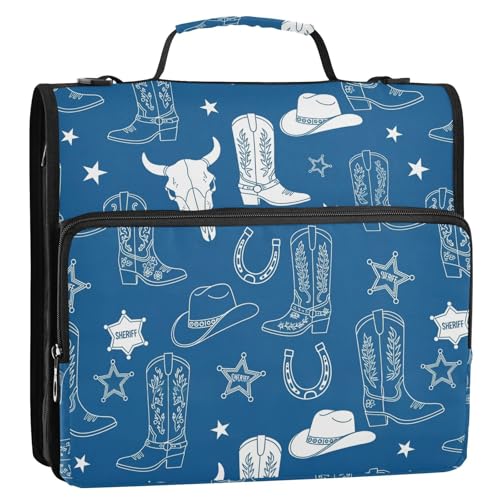 Western Cowboy Blue Pattern 3 Ring Zipper Binder with Shoulder Strap & Handle 1.5 Inch D-Ring Zippered Bag with Pencil Pouch,Expanding File Folder, Binder Organizer for School or Office - color: Western Cowboy Boot Blue