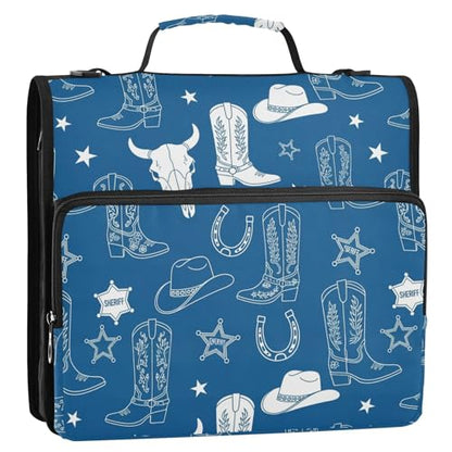 Western Cowboy Blue Pattern 3 Ring Zipper Binder with Shoulder Strap & Handle 1.5 Inch D-Ring Zippered Bag with Pencil Pouch,Expanding File Folder, Binder Organizer for School or Office - color: Western Cowboy Boot Blue