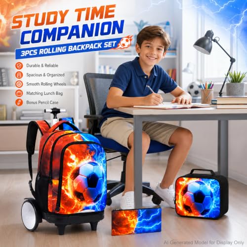 gxtvo Large Wheels & Quiet Glide | Rolling Backpack for Kids - Water-Resistant Wheeled Bag with Lunch Box for School, Travel & Outings - Fire & Lightning Soccer - color: Rolling Backpack Fire Lightning Soccer