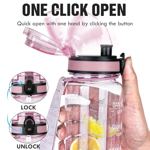 OLDLEY Water Bottle, 32oz Motivational Sports Water Bottle with Time Marker - Times to Drink - Tritan, BPA Free, Wide Mouth Leakproof,Clear Pink - color: Clear Pink