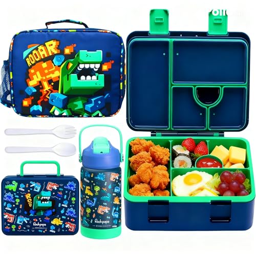 rockpapa Kids Lunch Box Set with 14oz Insulated Water Bottle & Lunch Bag, Leakproof 5.5 Cups Bento Box for School & Children, BPA-Free, Microwave Safe for Boys Girls (Blue Dinosaur) - color: Blue Dinosaur