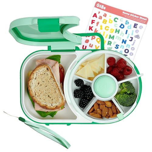 GoBe Kids Lunchbox with Small Snack Spinner Flip - Bundle with Hand Strap & Sticker Sheet, 2-in-1 Bento Style Lunch Container, 5 Small +1 Large Sandwich Compartment, BPA & PVC Free - Mint Green - color: Mint Green