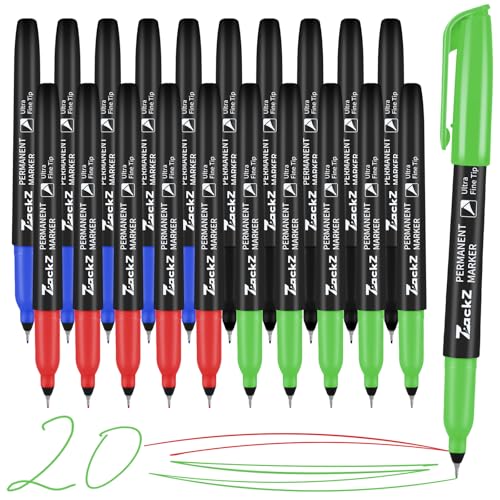 ZackZ Ultra Fine Point Permanent Markers Bulk, 0.4mm Fine Tip，Assorted Colors, Waterproof, Quickly Dry, Fade-Resistant Thin Tip Works on Paper, Glass, Plastic, Wood, Metal for Kids Adult 20 Count - size: 1 Count (Pack of 20)