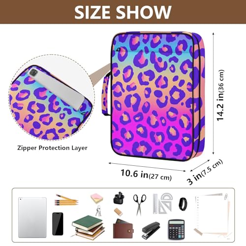 Neon Gradient Leopard Print Accordion File Organizer Expanding File Folder Zipper Binder 3 Ring with Handle 500 Sheets Capacity Document Organizer Storage Bag Multi Pockets Design