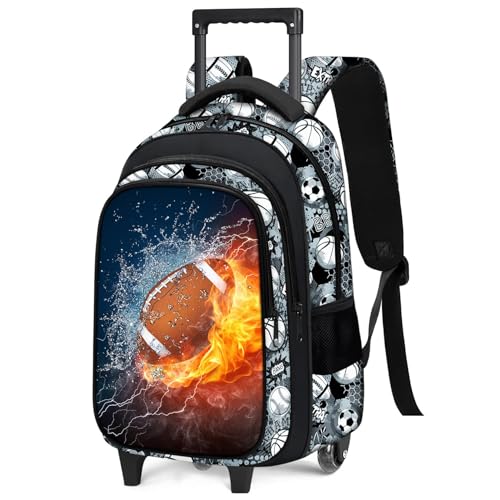 Boys Rolling Backpack for Kids - American Football Kids Rolling Backpack with Wheels for Elementary Middle School Students - Roller School Bookbag Aged 6-18, Wheeled Travel Bag Large Capacity - color: Football-001-backpack Only