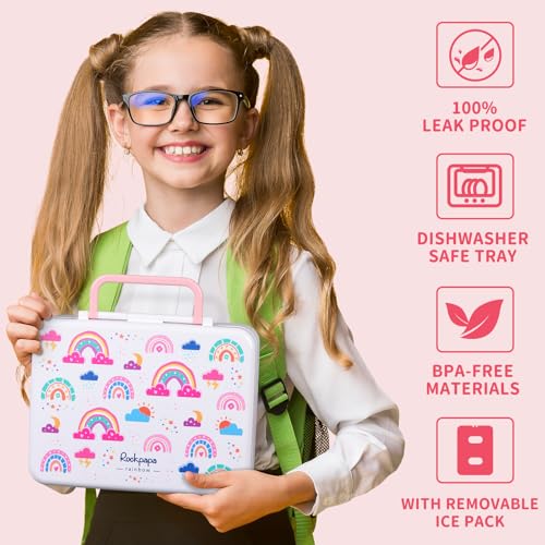 rockpapa Chill Bento Box for Kids- Large 5.5 Cups Lunch Box with Ice Pack - 5 Compartments, BPA-Free, Leak Proof, with Utensils & Portable Handle, Microwave/Dishwasher Safe (White Rainbow) - color: White Rainbow