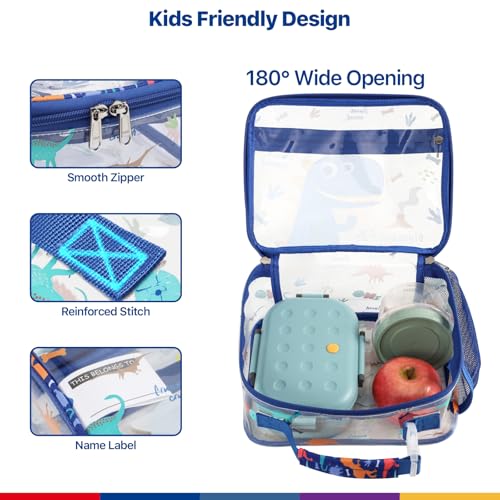 Bagseri Clear Kids Lunch Bag - School Snack Bag with Bottle Holder | Side Pocket, Buckle Handle, Wide Opening, PEVA Lining, School Boys Lunch Box, Clear Toy Bags, Blue Dinosaur - color: B-blue cute dinosaur