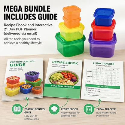 FIXBODY 7PCS Portion Control Containers, Color-Coded Labeled, 21 Day Lose Weight System (Use Guide, 21 Day Tracker and Recipe Ebook Include)
