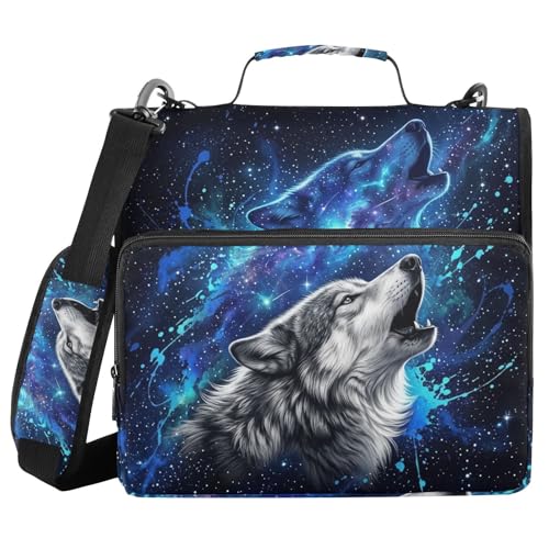 Wolf Space Star Print 3 Ring Zipper Binder with Shoulder Strap & Handle 2 Inch D-Ring Zippered Binder Bag with Multiple Pocket & Pencil Pouch, Binder Organizer for School or Office - color: Wolf Space Star