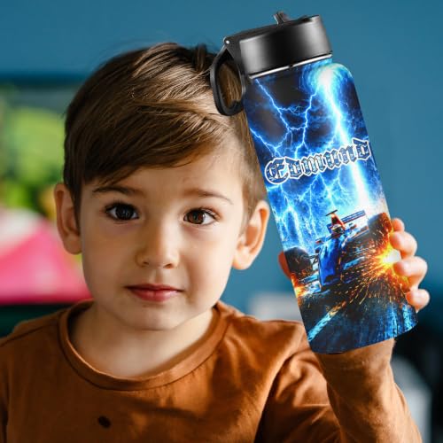 D-Story Personalized Kids Water Bottle with Name, 18 oz Custom Stainless Steel Vacuum Insulated Tumbler, Leak-Proof Straw Lid, Back to School Gifts - Soccer Dinosaur, Racing Car Cool Theme - color: Sci-fi special effects 01