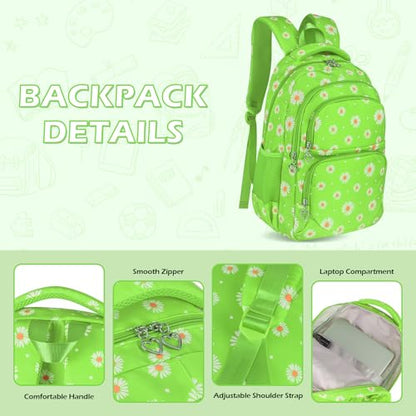 Glodwheat Daisy Printed Backpack For Girls- 3Pc Set With Lunch Box & Pencil Case, Lightweight Water-Resistant Bookbag For Elementary School - color: Grass-green