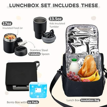 Pawtong Lunch Box Set with Bento Box Container, 17OZ Stainless Steel Food Soup Thermo, Kids Water Bottle & Portable Insulated Lunch Bag – Leakproof, Hot/Cold Retention for School, Travel (Black) - color: Black