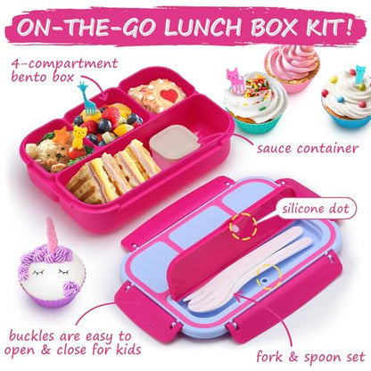 QQKO Bento Box for Kids Adults, School Toddler Lunch Box for Boys Girls, Lunch Box Containers with 4 Compartments, Sauce Container, Utensils, Food Picks and Muffin Cups for School, Pink Blue - color: Pink Blue