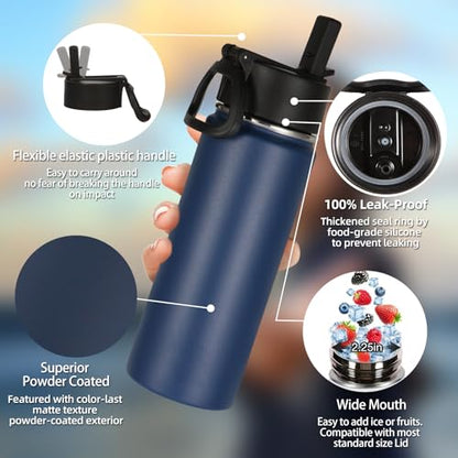 Volhoply 20oz Insulated Stainless Steel Water Bottle with Straw Lid, Kids Wide Mouth Double Wall Vacuum Cups with Handle,Reusable Outdoor Sports Metal Bottles,Travel Flask Keep Cold&Hot(Navy,1) - color: Nvay