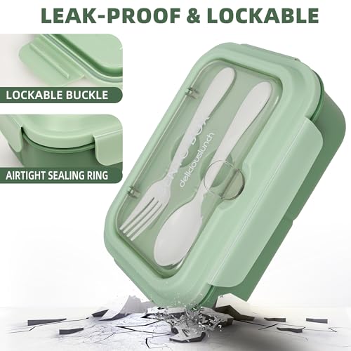 Fanhaw 40 Oz/5 Cup Bento Box for Kids, Men and Women, Lunch Box with 3 Compartments, Utensil, Microwave & Dishwasher Safe (Green) - color: Green