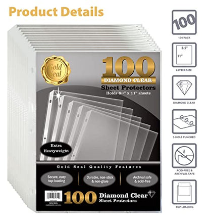 GOLD SEAL Page Protectors, 100 Pack Diamond Clear 4 Mil Heavyweight Page Protectors for 3 Ring Binder, 8.5 x 11 Top Load Clear Binder Sleeves, Durable Sheet Protectors
