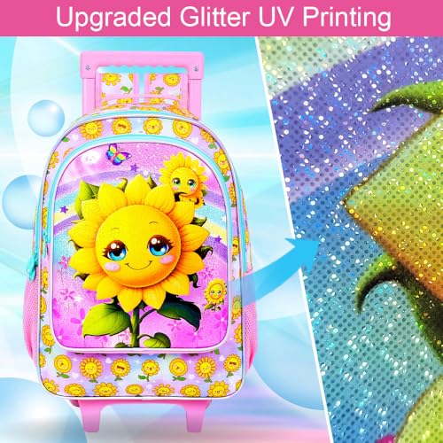KLFVB Girls Bookbag with Wheels, 3PCS Kids Roller Backpack with Lunch Bag, Wheeled School Bag for Children - Smiling Sunflower - color: UV Printing Sunflower Pink Rolling Backpack