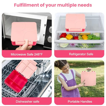 Bento Lunch Box for Kids with 8oz Soup Thermo,Kids Leakproof Lunch Food Containers with 4 Compartment,Kid Insulated Thermo Hot Food Jar for School,Trvael-Pink - color: Pink