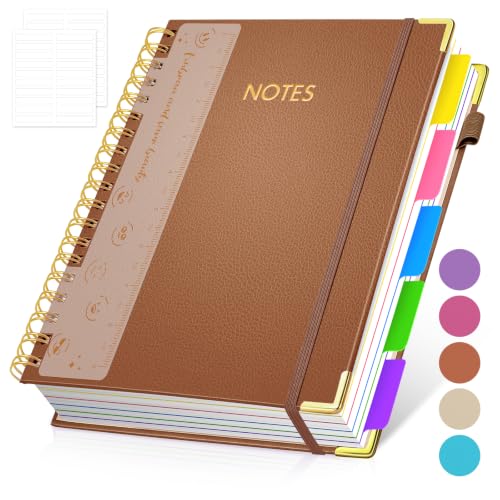 Hardcover Spiral Notebook Journal with Removable PVC Dividers - 8'' x 10'' Large 300 Page B5 Hardcover Leather College Lined Journals Notebook for Work Note Taking Office Home School Supplies, Brown - color: brown