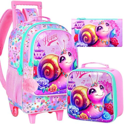 3Pcs Rolling Backpack for Girls, Kids Roller School Backpack with Wheels, Snail Wheeled Bookbag for Elementary Preschool Kindergarten(Pink) - color: Snail Pink