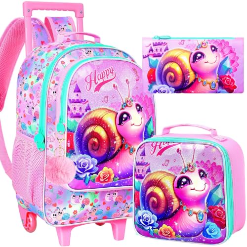 3Pcs Rolling Backpack for Girls, Kids Roller School Backpack with Wheels, Snail Wheeled Bookbag for Elementary Preschool Kindergarten(Pink) - color: Snail Pink