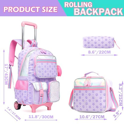 Meetbelify Girls Rolling Backpack with Wheels - Cute Kawaii Carry On Backpack for Elementary Students - Purple - color: Star Purple
