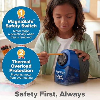 Bostitch Office QuietSharp Electric Pencil Sharpener, Heavy Duty Classroom or Office Use, with 6 Size Options, Blue - color: Blue