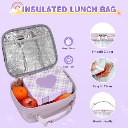 ACESAK Girls Backpack - Bento Box with Insulated Lunch Bag Pencil Case & Utensils Set for Kids, 6 Leakproof Compartments Removable Tray Lunches or Snack Container for School (Purple) - color: Purple