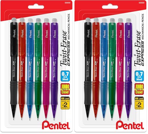 Pentel Twist Erase EXPRESS 0.7mm Mechanical Pencils with Assorted Colored Barrels - Pack of 12 - size: 6 Count (Pack of 2)