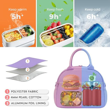 Lunch Bag for Girls and Women, Cute Preppy Lunch Bag with Chenille Letters, Insulated Large Capacity Lunch Tote with Detachable Strap for School, Work & Picnic, Purple - color: Purple